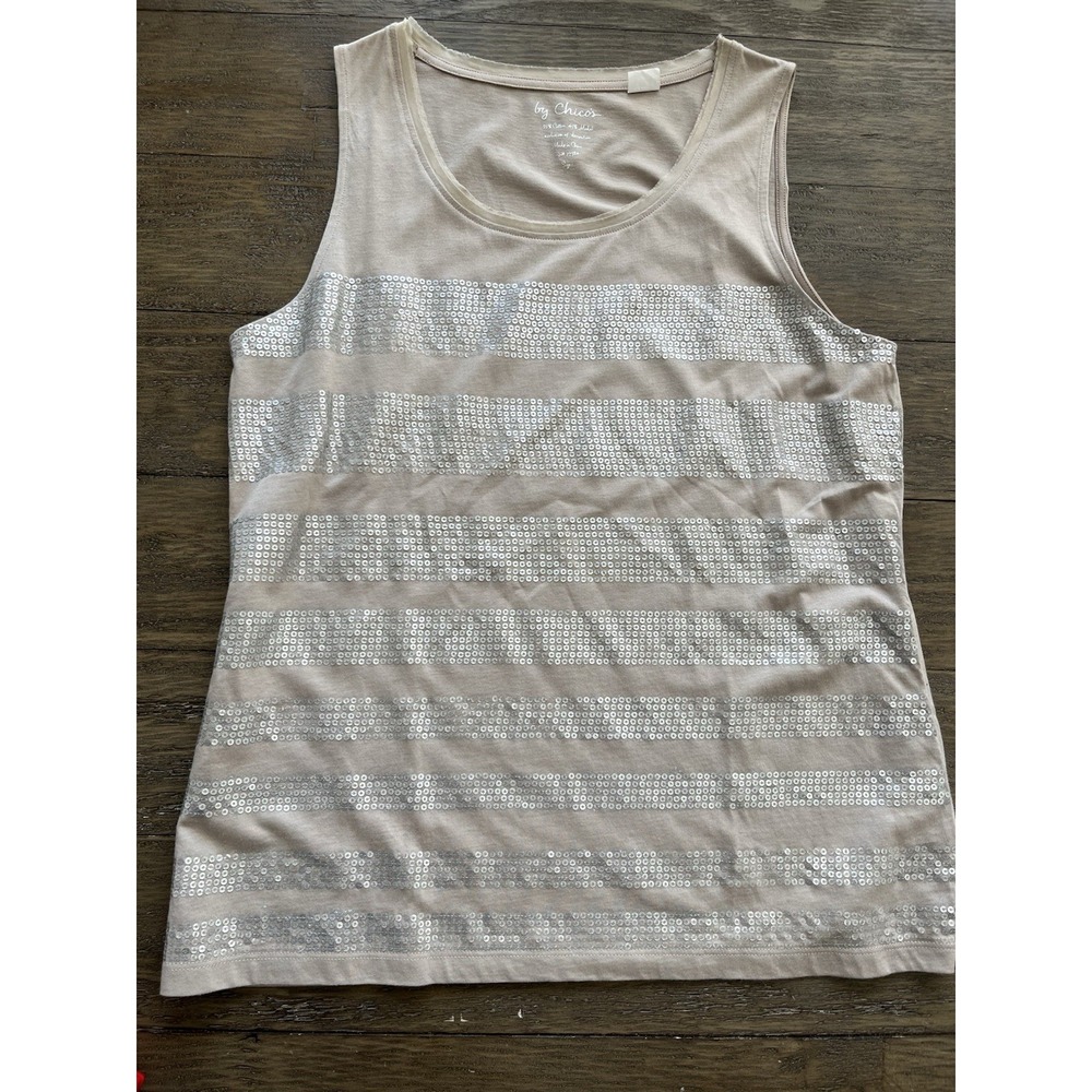 Chicos Beige Cotton Sequin Sleeveless Tank Top Womens Size 1 Medium H39